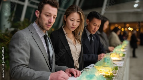 Businesspeople viewing architectural models at exhibition or event in modern indoor setting photo