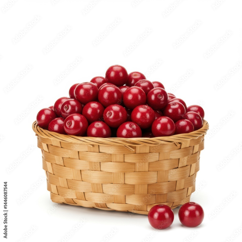 A woven basket overflowing with ripe red cherries against a stark white background in a studio shot A woven basket overflowing with ripe red cherries against a stark white background in a studio shot
