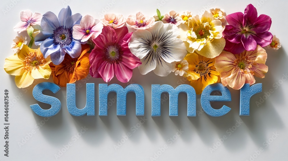 Colorful flowers framing the word summer symbolizing summertime