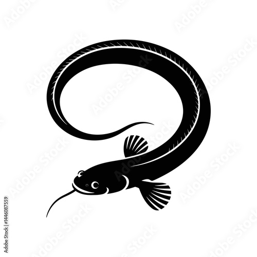 Silhouette of Eel: An elegant stylized silhouette of an eel, curving gracefully against a white background. The illustration showcases the fish's elongated body and slender form.