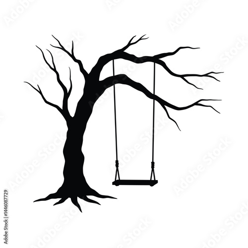 Silhouette illustration of tree with swing in minimalist black and white style
