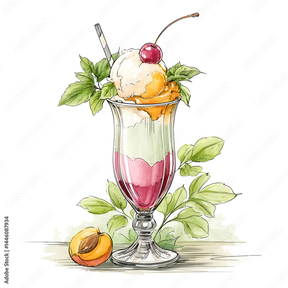 A delicious peach ice cream sundae with cherry and mint leaves illustration