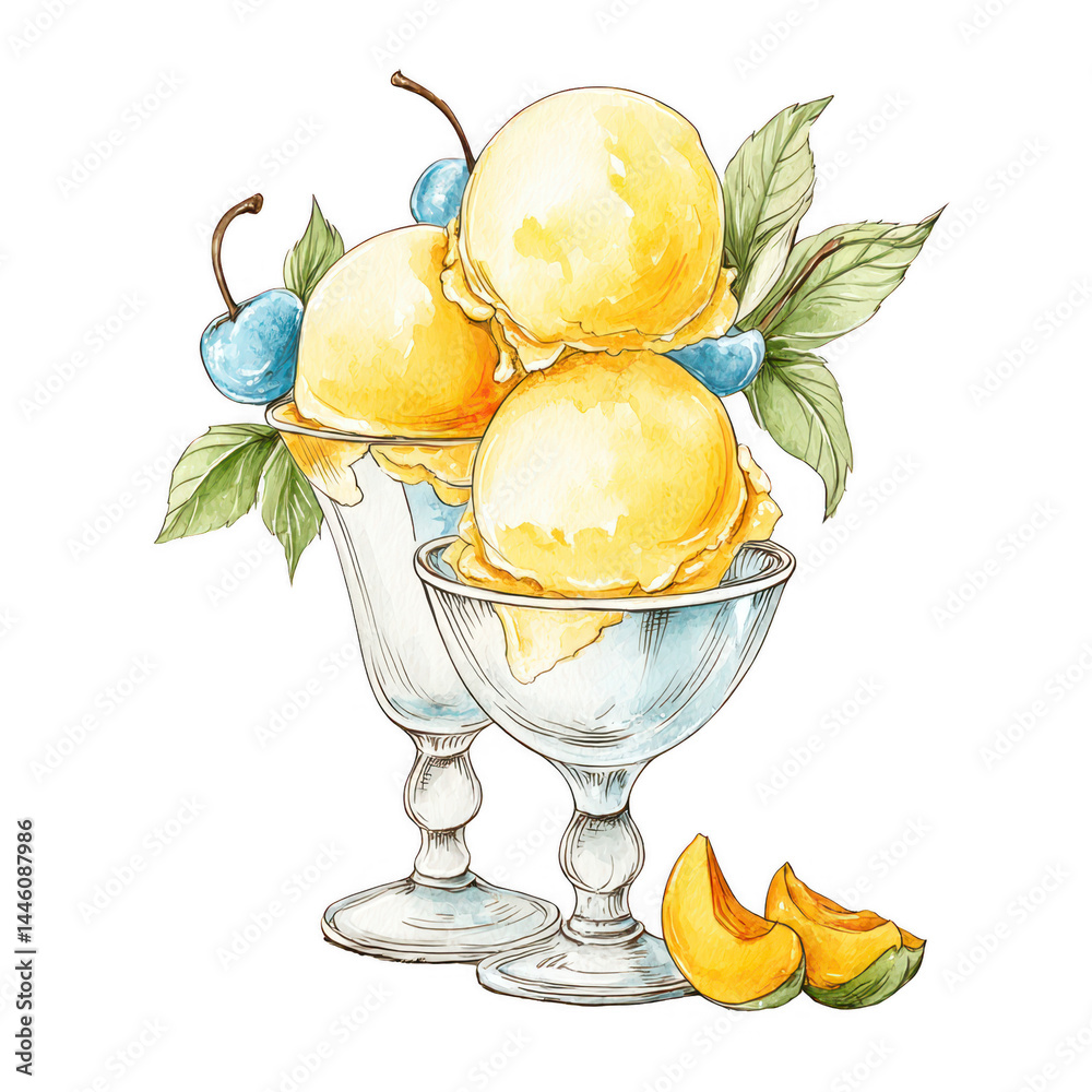 Watercolor illustration of refreshing yellow ice cream with fresh fruits