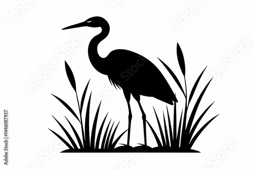 Black heron silhouette standing in a marsh with tall grass