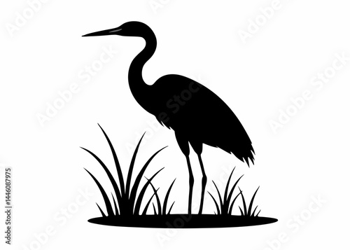 Black heron silhouette standing in a marsh with tall grass
