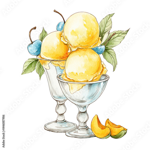 Obraz na płótnie Watercolor illustration of refreshing yellow ice cream with fresh fruits w salonie