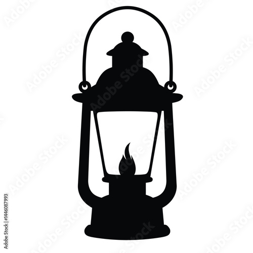 Black and white silhouette of an antique kerosene lantern with a visible flame