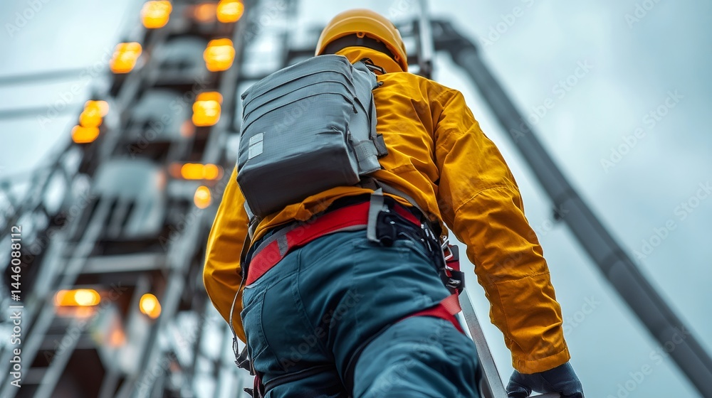 Telecommunications tower technician climbing, performing maintenance work