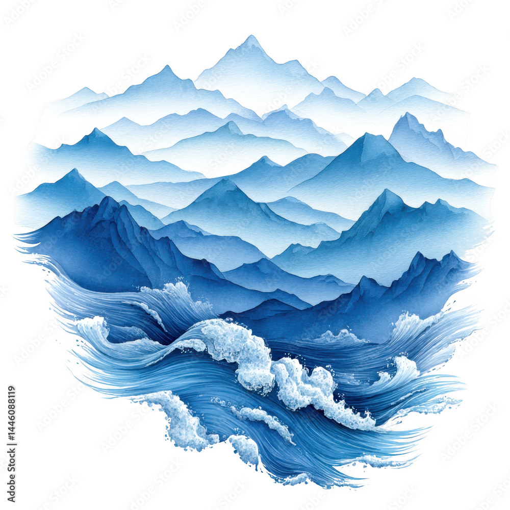 Watercolor mountains cascade into the ocean with splashing vibrant waves