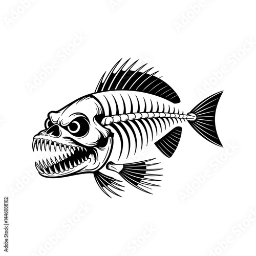 Intimidating Piranha: A striking black and white illustration of a piranha skeleton, with sharp teeth and an aggressive demeanor, symbolizing the wild and untamed aspects of marine life.