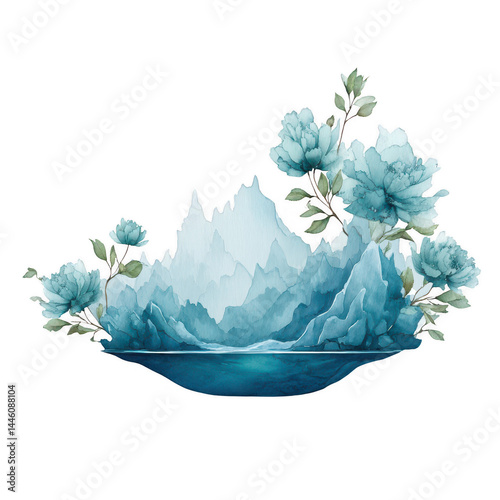 Watercolor mountains surrounded by blue flowers create a tranquil scene.