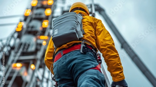 Obraz na płótnie Telecommunications tower technician climbing, performing maintenance work w salonie