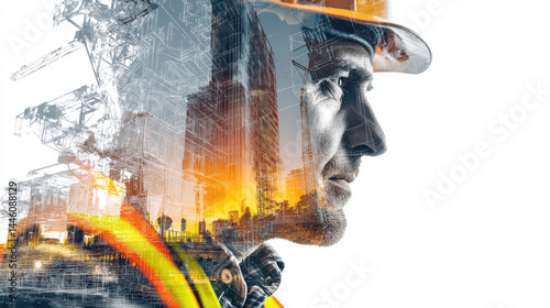 Focused worker profile with abstract design