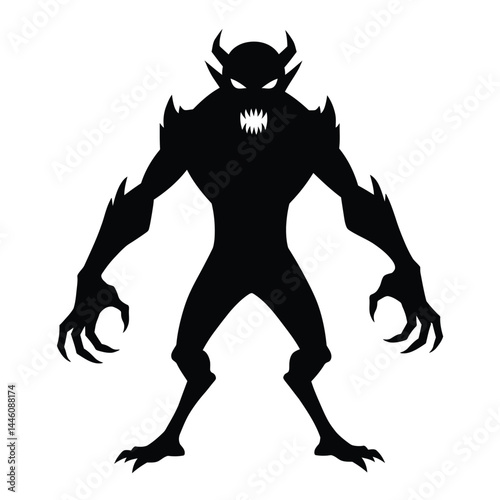 Silhouette of a cartoonish demon figure with sharp claws and teeth