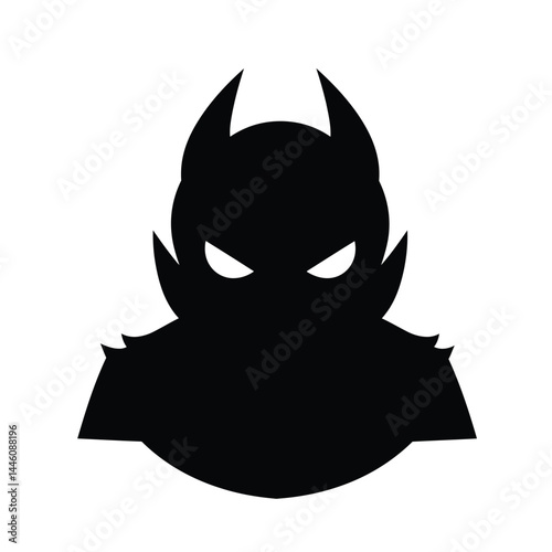 Black silhouette graphic of a cartoon devil character with glowing eyes