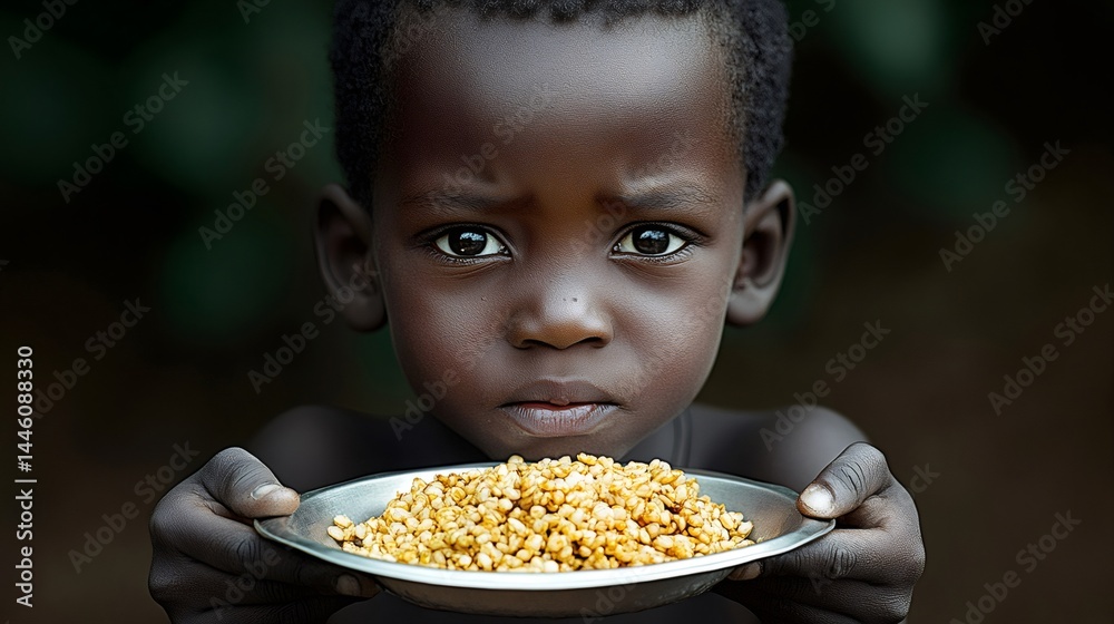Young african child holding plate of food representing hunger and poverty