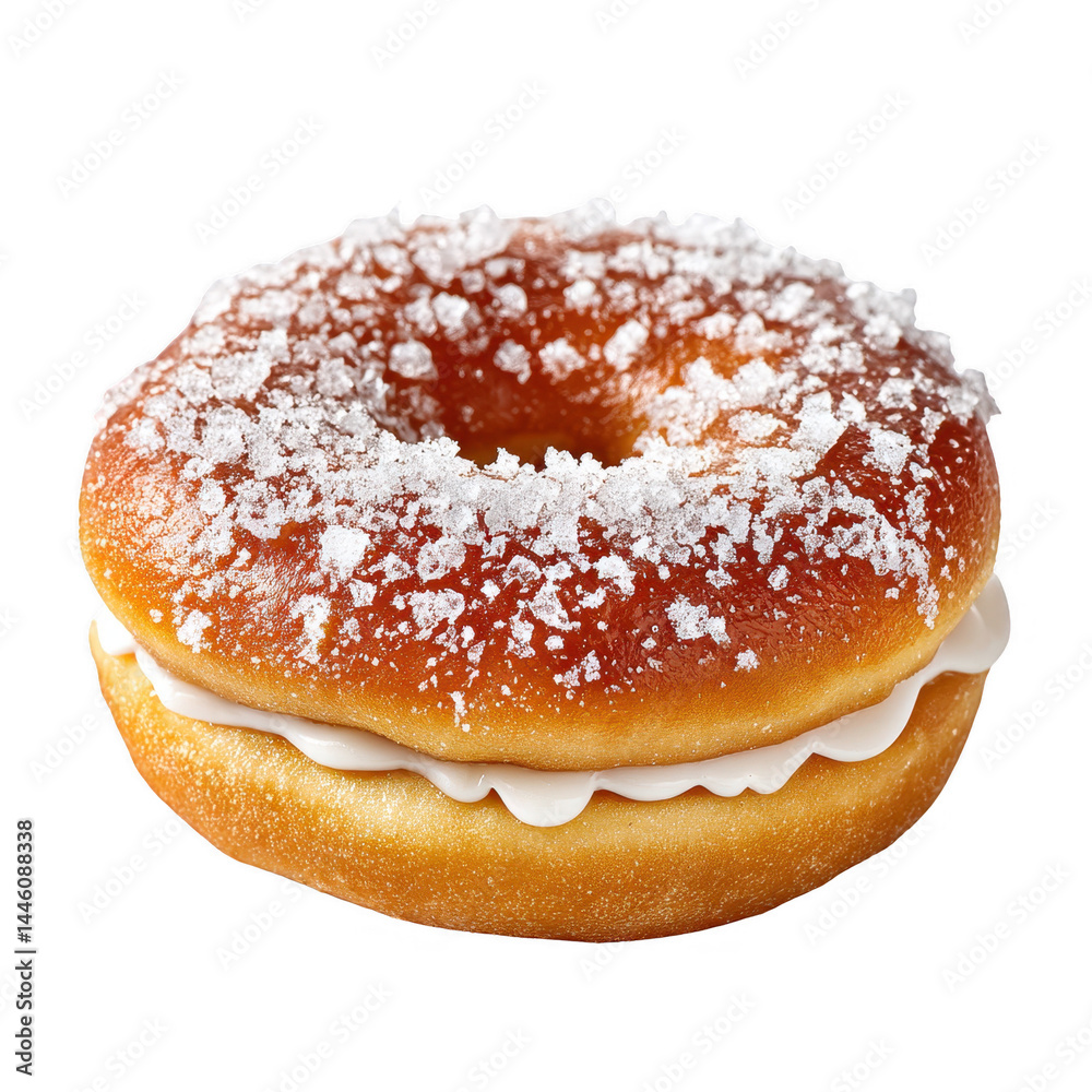 A sugary donut filled with white cream is isolated on white background.