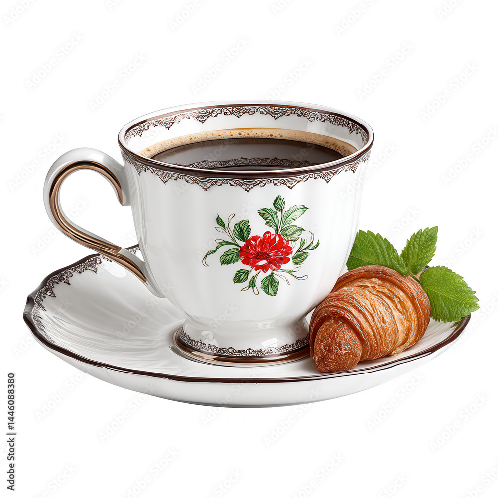 A cup of coffee with a croissant and mint garnish sits on white background.