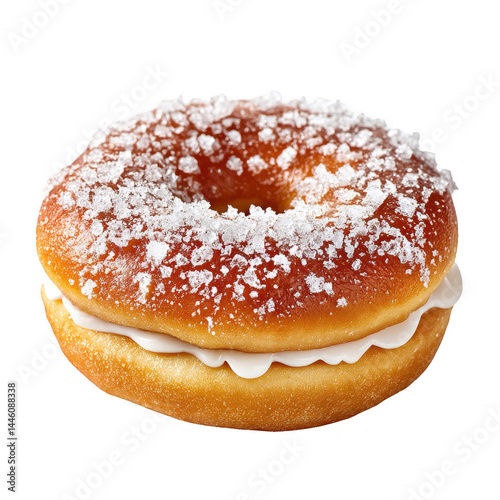 Obraz na płótnie A sugary donut filled with white cream is isolated on white background. w salonie