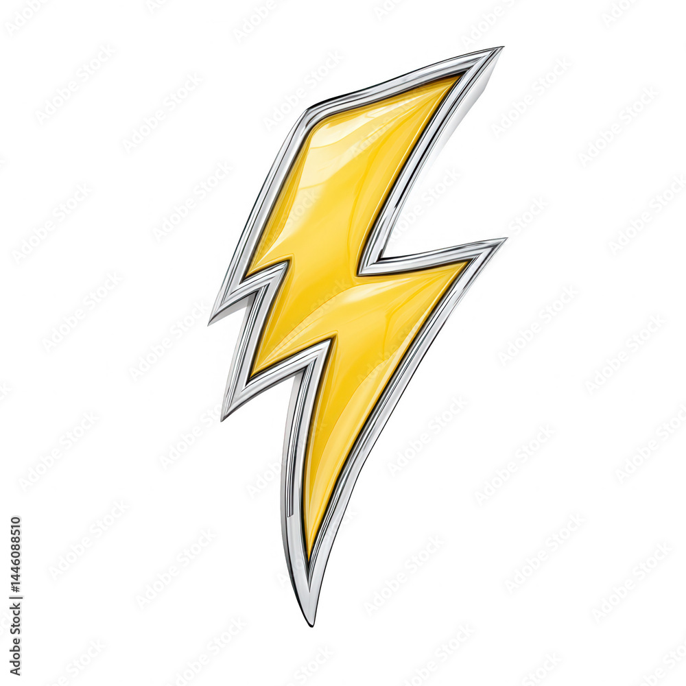 A bright yellow lightning bolt with metallic trim is displayed on white background.