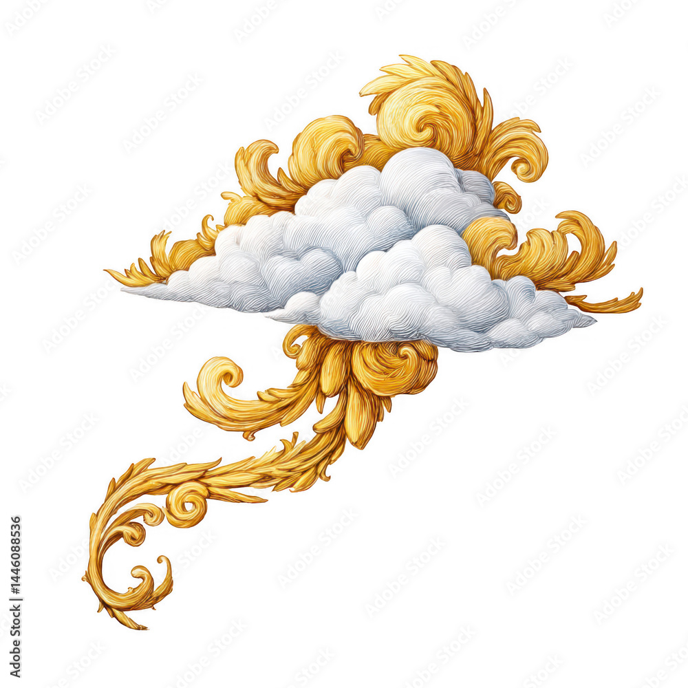 Ornate golden baroque design element surrounding a whical fluffy cloud