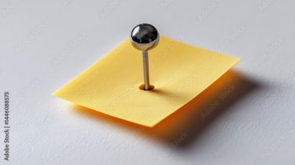 Metallic pin attaching yellow sticky note to white background