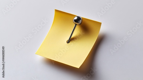 Metallic pin piercing through a yellow sticky note on white background