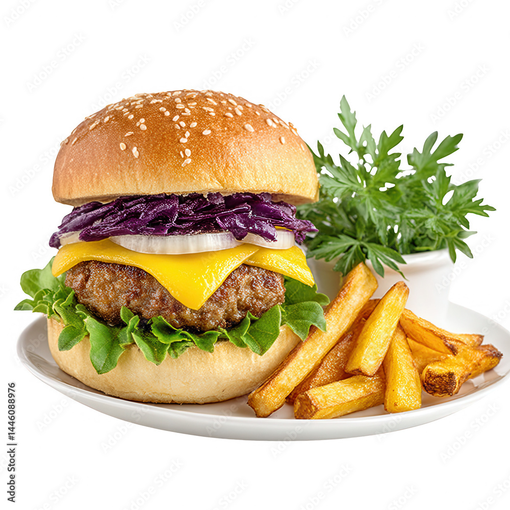 Appetizing burger with fries is nicely arranged on a white plate now.