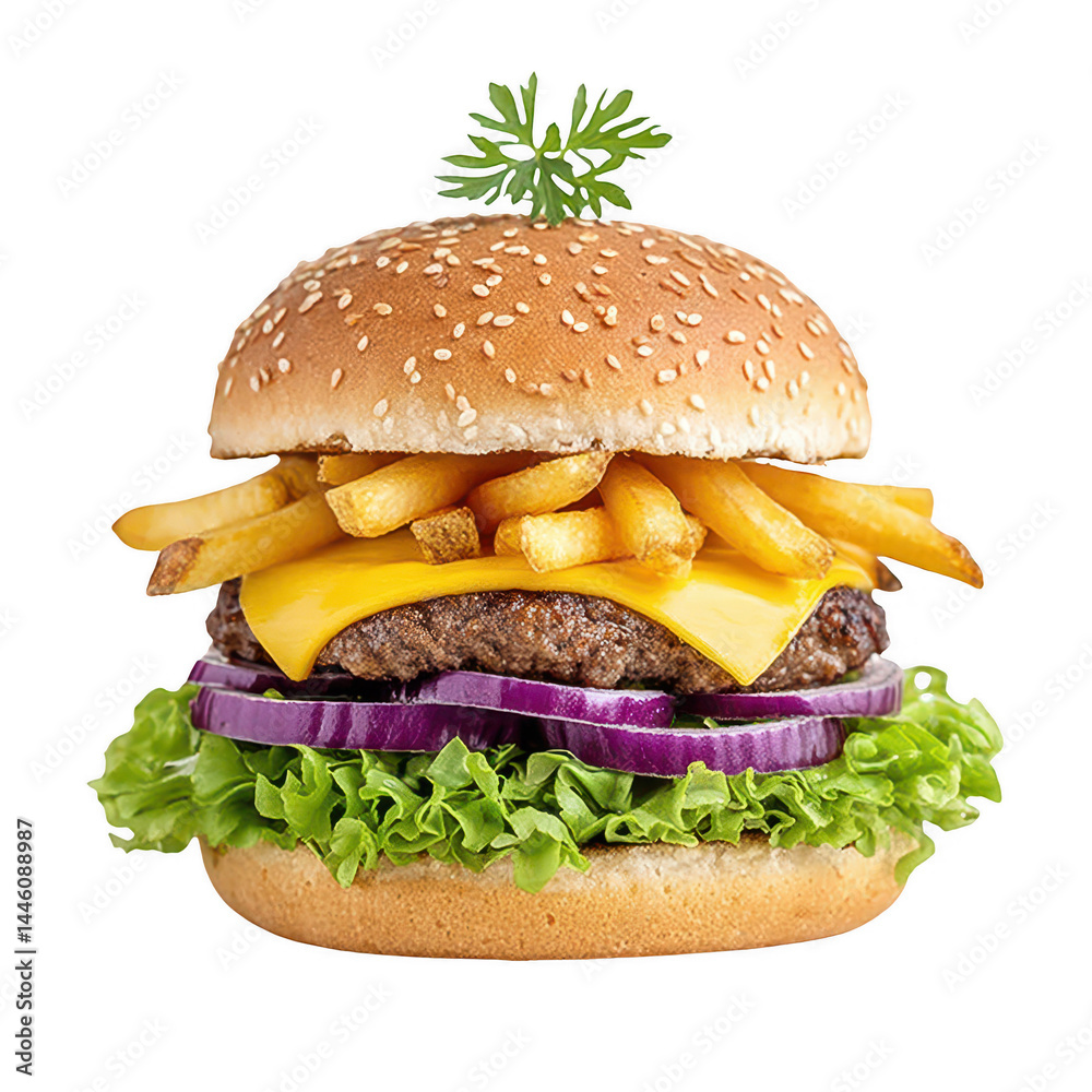 Delicious burger with fries cheese lettuce and onion on a white background.
