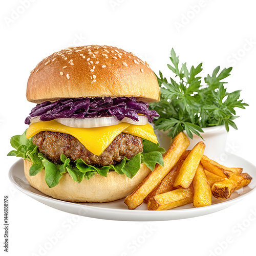 Obraz na płótnie Appetizing burger with fries is nicely arranged on a white plate now. w salonie
