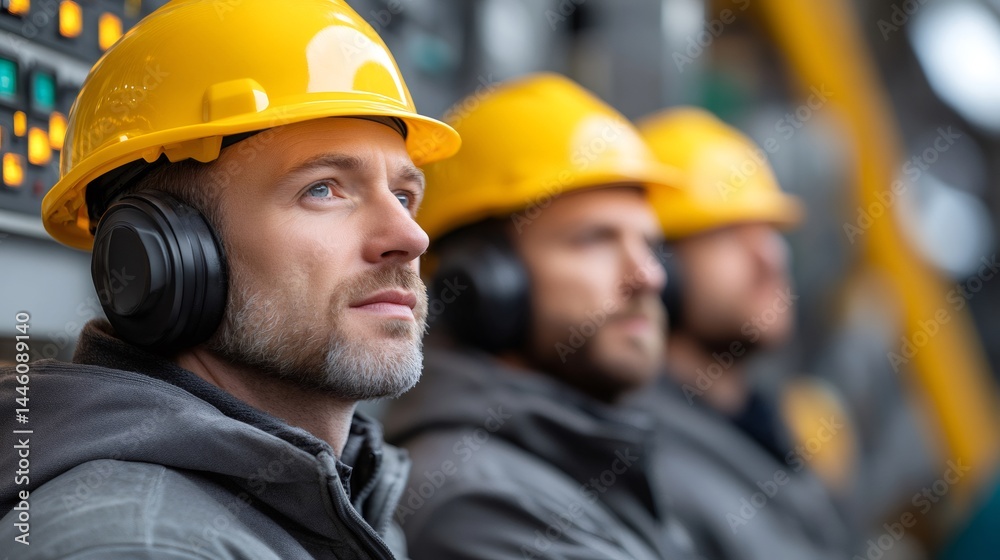 Industrial workers wearing protective gear in factory setting