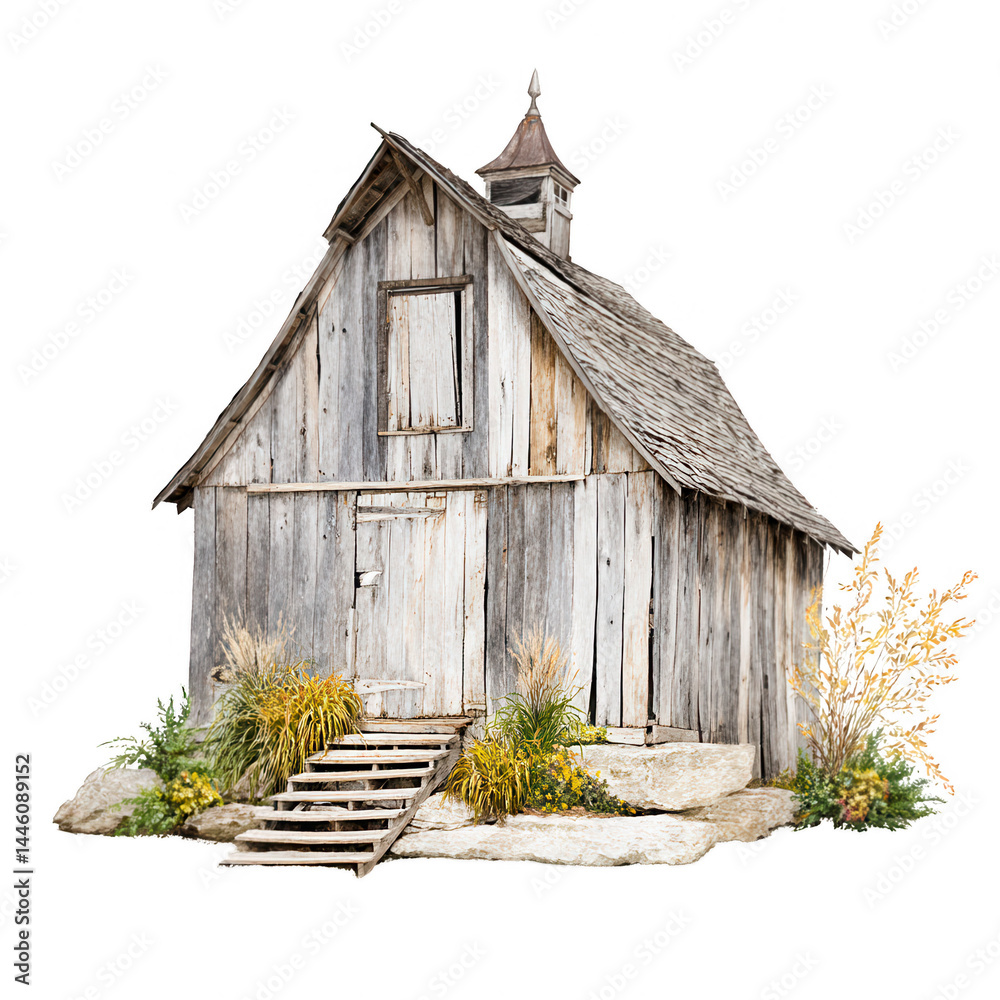A weathered wooden barn stands against white backdrop with stone and grass.