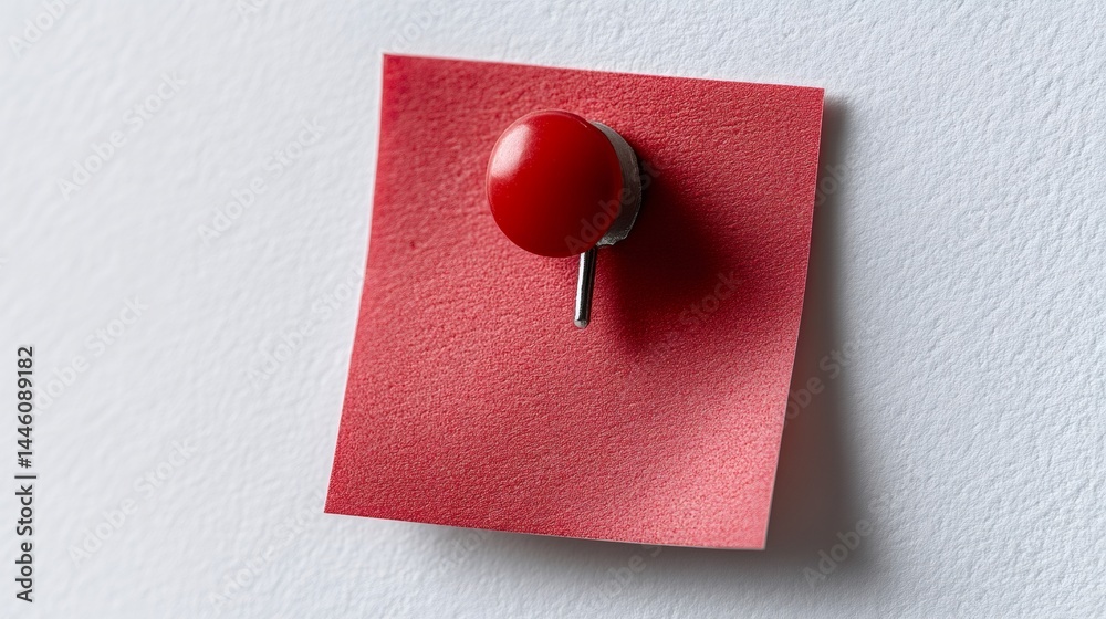 Red push pin holding a blank sticky note on white background