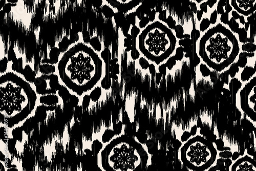 Ethnic abstract ikat fabric artwork with seamless patterns, combining tribal, indigenous, and Mexican embroidery with Aztec geometric motifs. Ideal for rugs, wallpapers, throws, fabrics, and clothing.