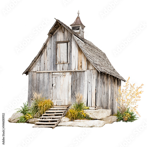 A weathered wooden barn stands against white backdrop with stone and grass.