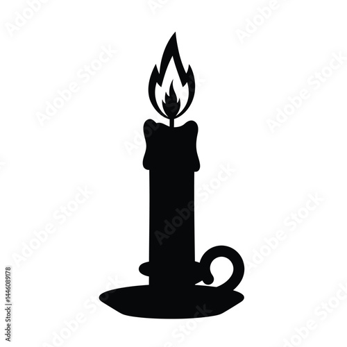 Black silhouette of burning candle on holder isolated on white background