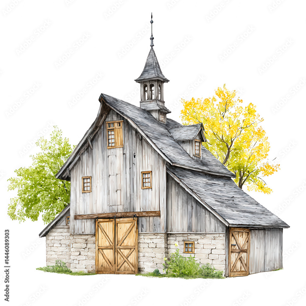 Watercolor style barn features a slate roof and stone foundation design.