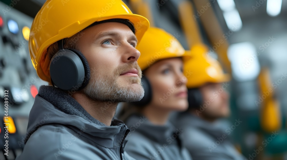 Industrial workers listening attentively during safety briefing in factory