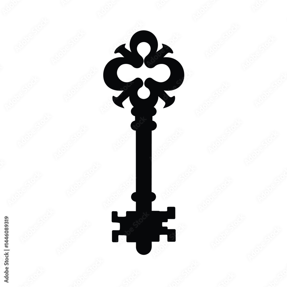 Obraz premium Ornate key silhouette ancient mystery black and white minimalist design