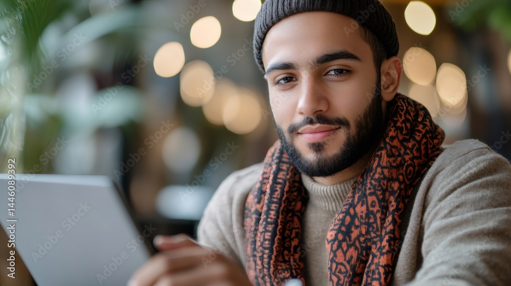 Young freelancer working on tablet in cozy cafe