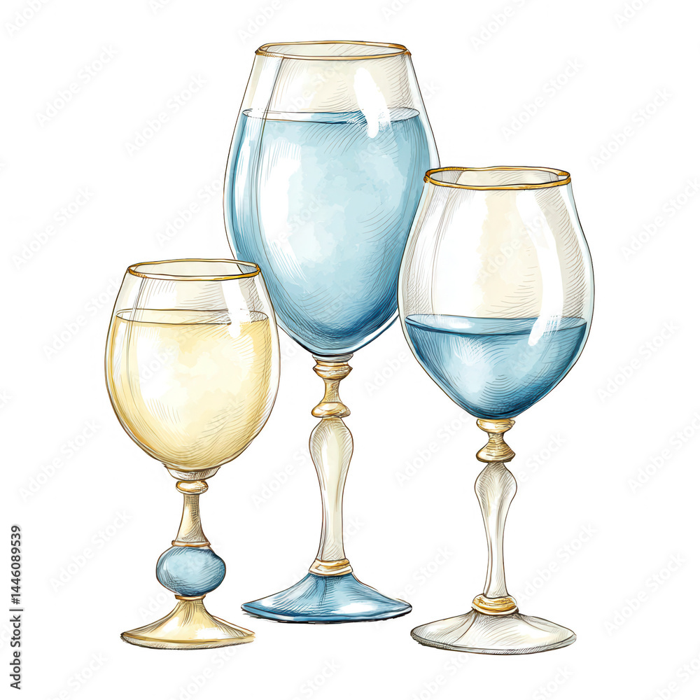 Three glasses of water are elegantly illustrated with colorful watercolor details.