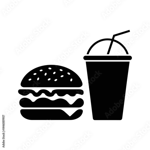 Burger and Drink Silhouette: A classic burger alongside a refreshing beverage with a straw. A simple yet impactful illustration for culinary delight and quick eats.