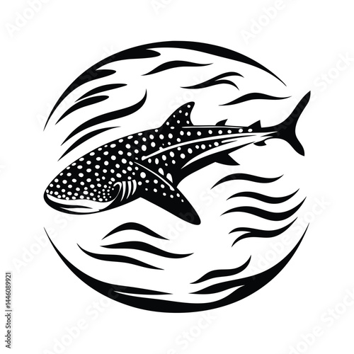 Stylized Silhouette Whale Shark With White Spots Surrounded By Water Waves Element