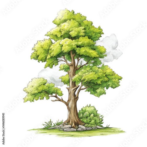 A watercolor illustration of a tall tree with green leaves on white background.