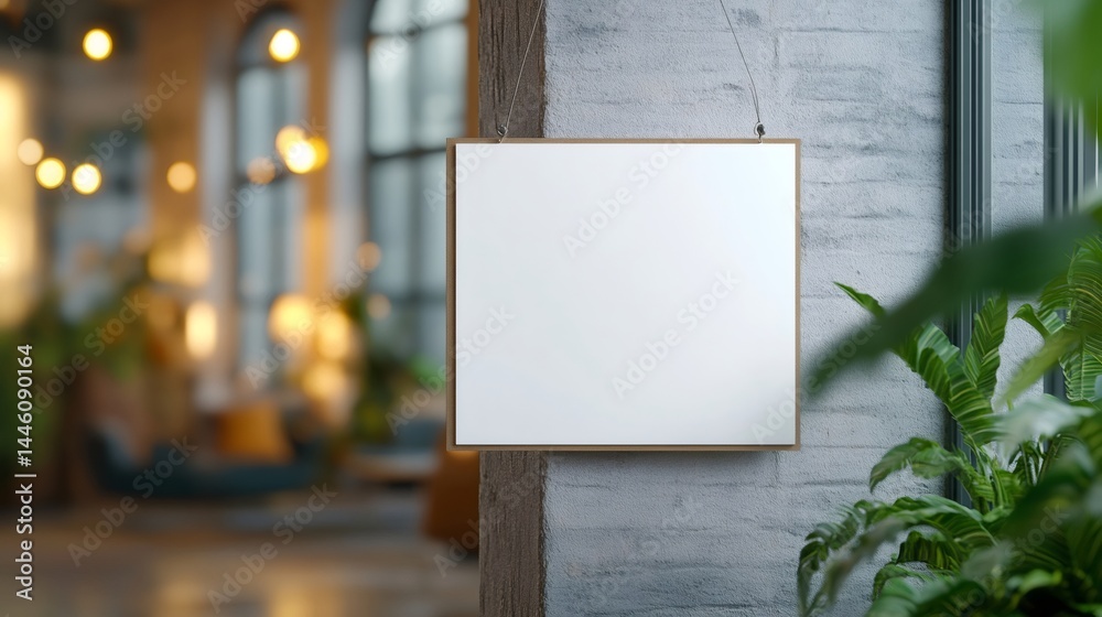 White blank canvas hanging on brick wall in blurred interior background