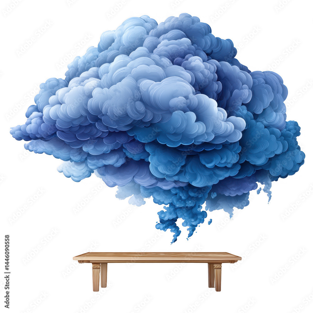 A whical blue cloud hovers above an empty wooden bench indoors scene.