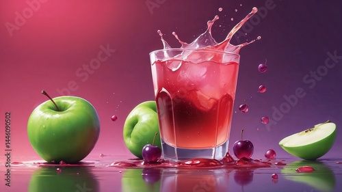 Refreshing drink splashing in glass with green apples background  