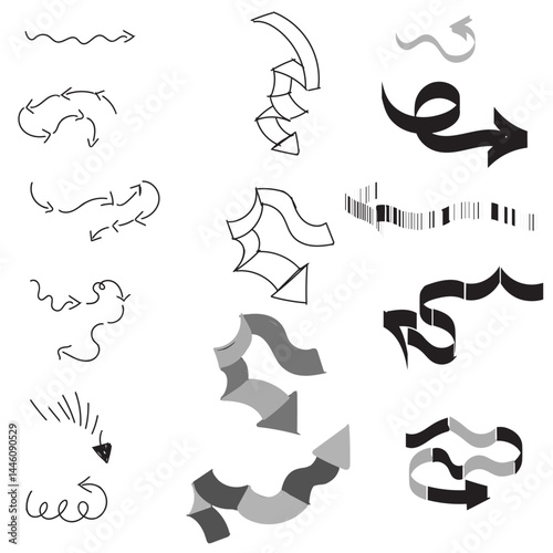 arrow set. Hand drawn arrow vector icons set. Hand drawn freehand different curved lines, swirls arrows. Sketch arrow design. Set of arrows black icons.	

