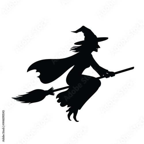 Silhouette illustration of a witch flying on a broom for halloween design