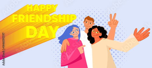 Diverse group of cheerful young friends celebrating Friendship Day in a vibrant modern design. The scene conveys themes of unity, inclusivity, human connection, social values ​​and relationship.Vector